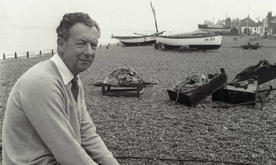 Benjamin Britten on Aldeburgh beach in Suffolk.