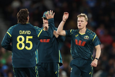 Nathan Ellis celebrates after taking the wicket of Abhishek Sharma