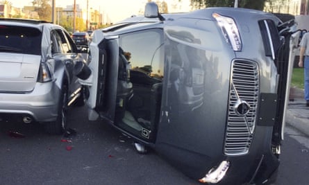 An Uber self-driving SUV that flipped on its side in a collision in Tempe, Arizona, in March 2017.