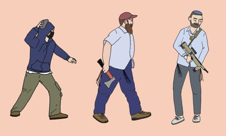 An illustration depicting Israeli settlers, for Mona Chalabi’s piece on violence in the West Bank.