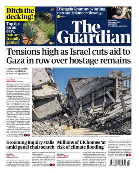 Guardian front page, Wednesday 15 October 2025