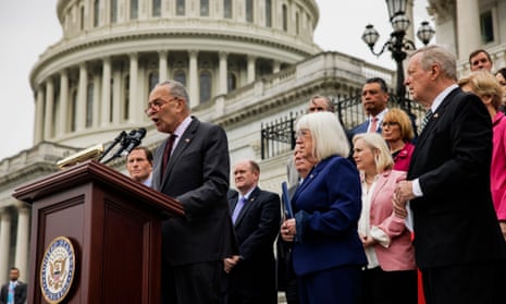 The Senate majority leader, Chuck Schumer, alongside the Senate Democratic Caucus, denounces the draft decision leaked from the US supreme court that would over turn Roe v Wade at the US Capitol this week.