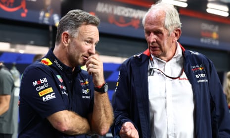 Red Bull team principal Christian Horner and Red Bull  consultant Dr Helmut Marko look on during the Saudi Arabian Grand Prix