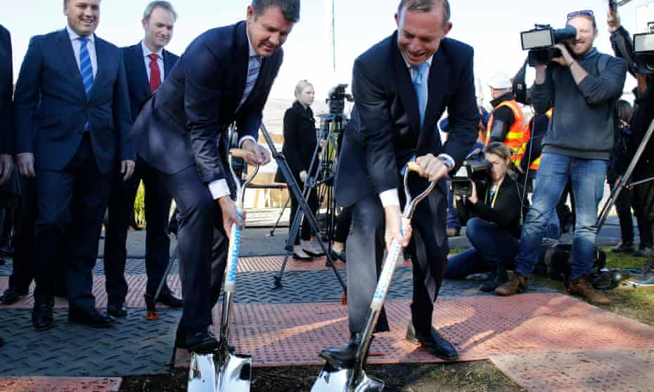 NSW premier Mike Baird and then prime minister Tony Abbott mark construction work on WestConnex stage 2, 20 July, 2015. Construction on the next stage could begin within weeks.
