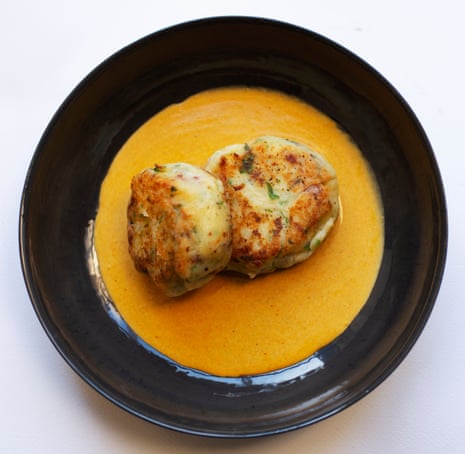 Mash up: parsnip and bacon cakes with curry sauce.