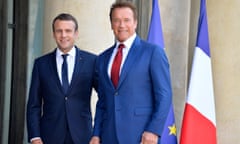 President Emmanuel Macron receives Arnold Schwarzenegger at the Elysée Palace in Paris.