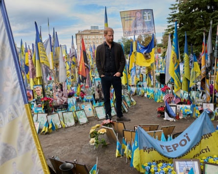 Prince Harry, the Duke of Sussex visits a memorial to soldiers killed in the Ukraine/Russian war in Maidan Square. Kyiv.