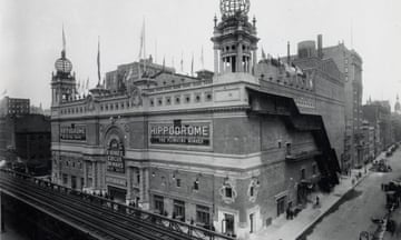 black and white photo of a big building with word hippodrome on sign