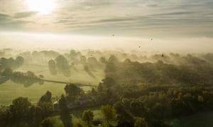 Farmland in early morning mist at Egerton, Kent, close to Burscombe Cliff Farm.