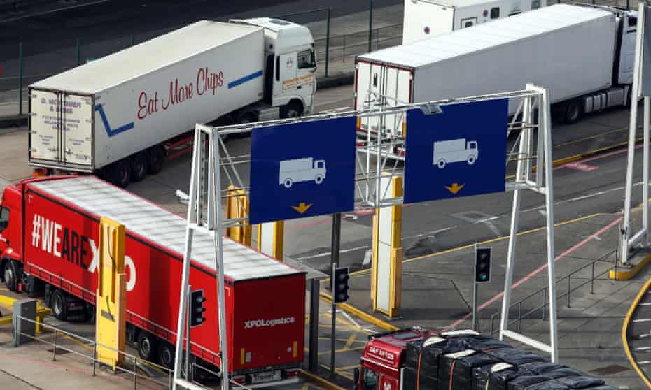 Lorries pass through a checkpoint area at the port of Dover