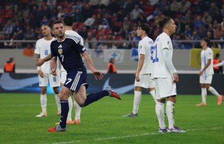 John McGinn reacts after Scotland’s second goal in Greece