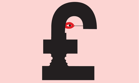 Illustration of UK pound sterling figure with a masked figure wearing a mask