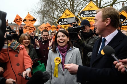 The Lib Dem leader, Tim Farron, and new MP Sarah Olney speak to the media following her victory in the Richmond Park byelection on 2 December