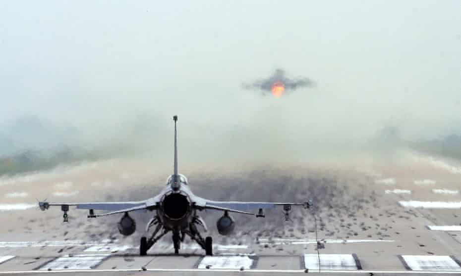 F-16 fighters take off at the US Osan airbase in Pyeongtaek, South Korea
