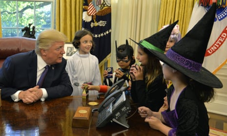 Donald Trump meets journalists’ children in Halloween costumes.