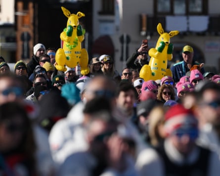 Australian fans hold up blow-up kangaroos in support during the women’s snowboard cross