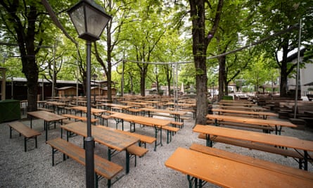 Empty tables at the Paulaner Nockherberg beer garden in Munich