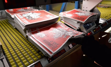 Charlie Hebdo’s second edition since January’s terrorist attack is prepared at a press distribution centre near Paris. 