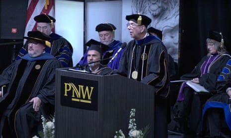 Chancellor Thomas L Keon speaking at Purdue Northwest commencement ceremony in 2022.