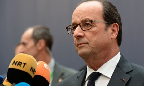 Francois Hollande, the French president, speaking to journalists as he arrives at the EU summit.