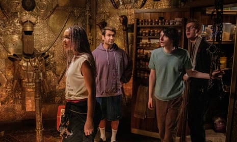 The film-makers wanted to get the exact nature of the elaborate brass figure carvings right … (l-r) Celeste O’Connor, Kumail Nanjiani, Finn Wolfhard and James Acaster in Ghostbusters: Frozen Empire.