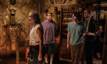 (l-r) Celeste O’Connor, Kumail Nanjiani, Finn Wolfhard and James Acaster in Ghostbusters: Frozen Empire.