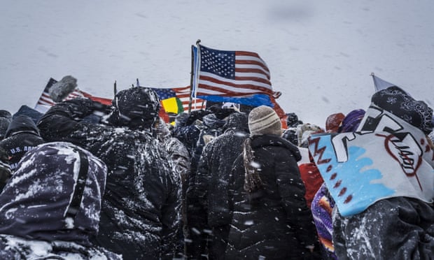 Activists, known as ‘water protectors’, at the Standing Rock camp. The Trump administration has brought a sharp reversal of the Obama administrations’s decision to halt the pipeline.