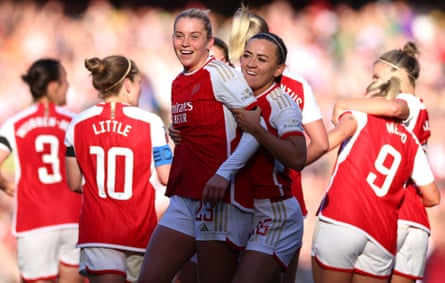 Alessia Russo celebrates after scoring Arsenal’s winner against Aston Villa.