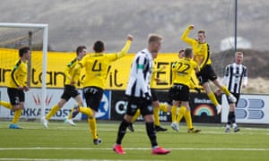 Aron Knudsen celebrates scoring for NSI and the first goal since the restart of football in Europe