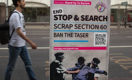 A poster calling for an end to section 60 - suspicion-less stop and search – near Tottenham police station, London, August 2020