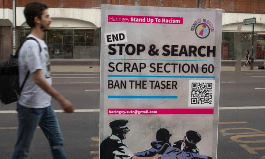 A poster calling for an end to section 60 near Tottenham Police Station, 8 Aug 2020.