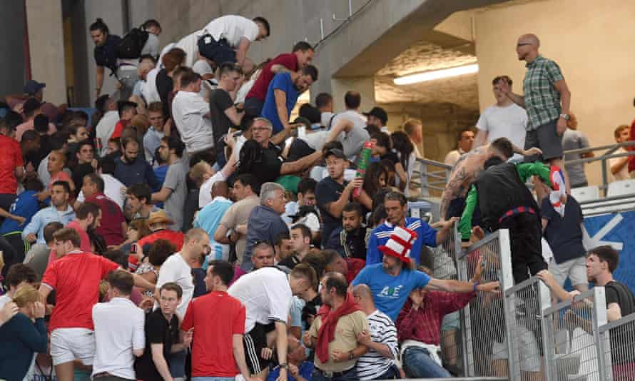 Supporters clash in the stands after the UEFA Euro 2016 group B preliminary round match between England and Russia.