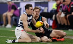 Jeremy Cameron of the Cats competes with Miles Bergman of the Power in the AFL match between Geelong and Port Adelaide in 2024