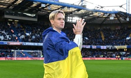 Chelsea’s new signing Mykhaylo Mudryk is introduced to the fans at half-time
