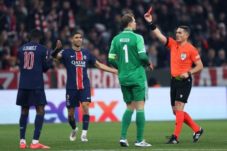 Ousmane Dembele receives his marching orders during the Champions League group game between these sides in November.