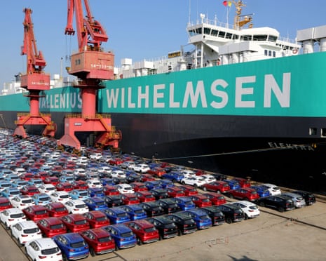 Chinese-made cars lined up on the quay for export to the UK