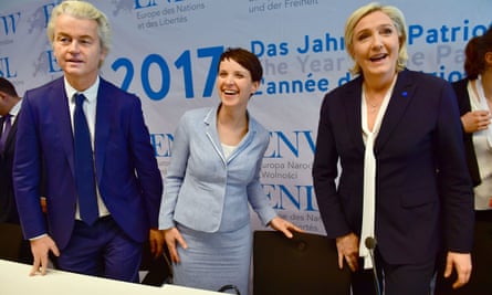 Frauke Petry, centre, the AfD co-leader, with the rightwing Dutch politician Geert Wilders and Marine Le Pen, leader of France’s Front National.