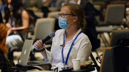 Phoebe Weston poses a question to committee members at the IUCN World Conservation Conference 2020, Marseille, France, September 4, 2021