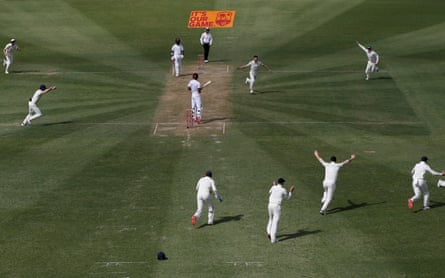 Wood celebrates taking the wicket of West Indies’ Roston Chase