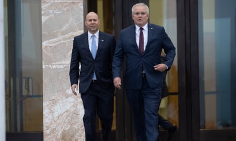 File photo of Josh Frydenberg and Scott Morrison out the front of Parliament House in Canberra
