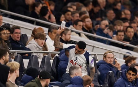 Pedro Porro prepares to hurl a water bottle after being substituted against Crystal Palace