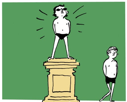 Illustration of a man in pants standing proudly on a podium, while another man in pants looks sadly on from below