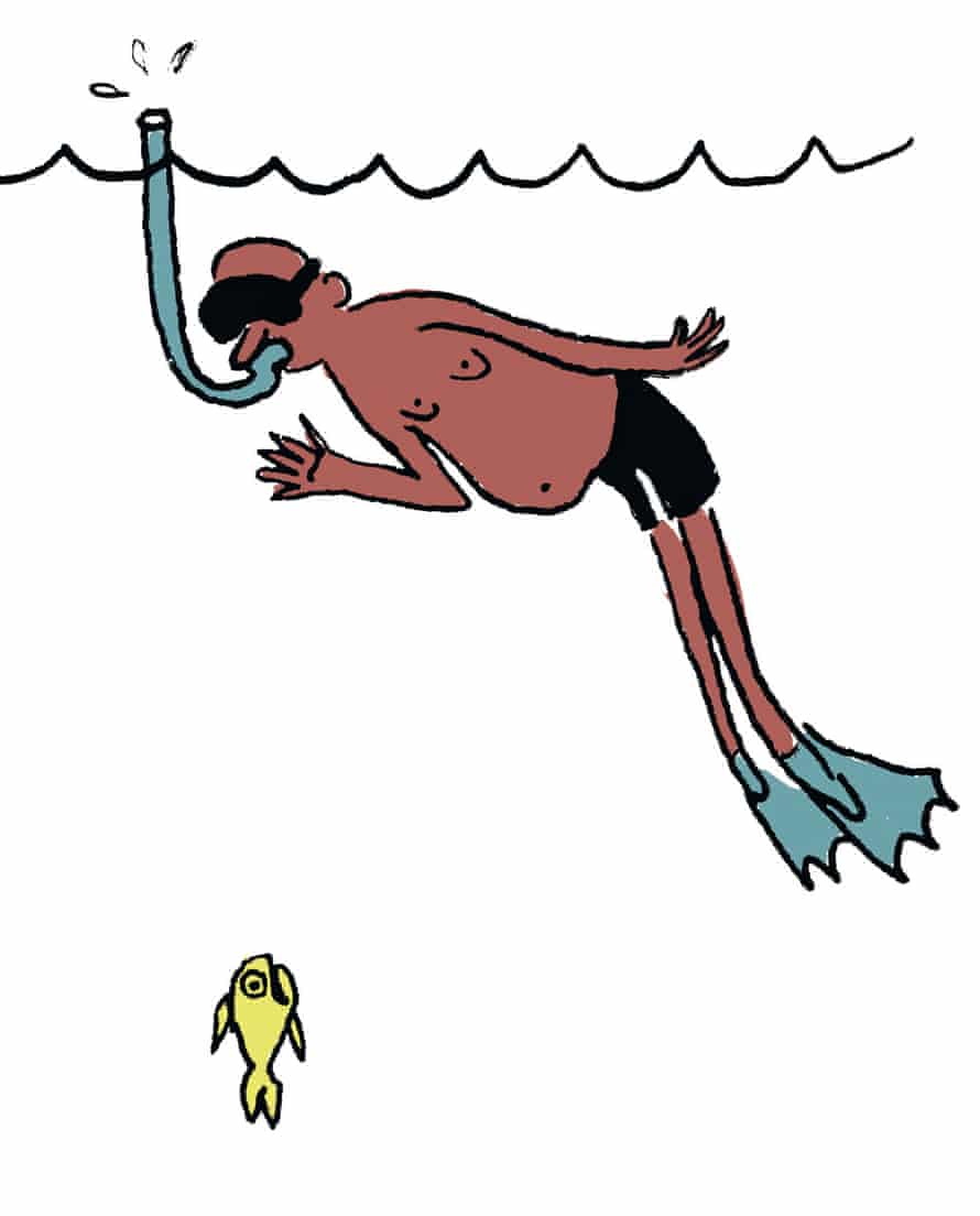 Illustration of a man snorkelling, with a fish below him