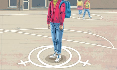An illustration of a girl, from the neck down, standing in the circle of two ‘women’ symbols in a playground
