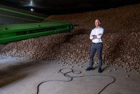 McCain Foods President and CEO Max Koun stands in front of a large pile of potatoes