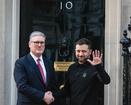Keir Starmer and Volodymyr Zelenskyy shake hands outside Downing Street, 1 March 2025.