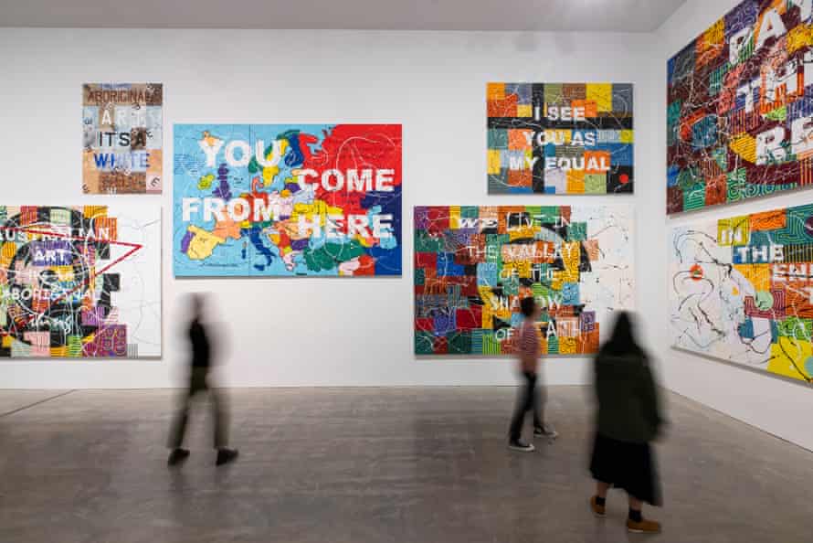 Installation view of You Can Go Now, a Richard Bell retrospective at the MCA in Sydney.