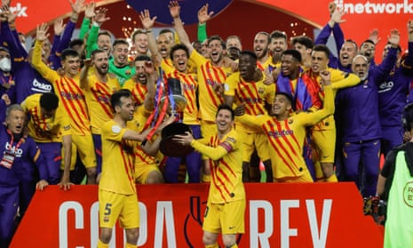 Barcelona celebrate with the Copa del Rey trophy after completely outplaying Athletic Bilbao.