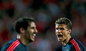 Bayern Munich`s Thomas Müller celebrates the scoring of a goal,