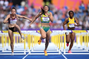 Australia’s Michelle Jenneke goes for the line during the women’s 100m hurdles heats.